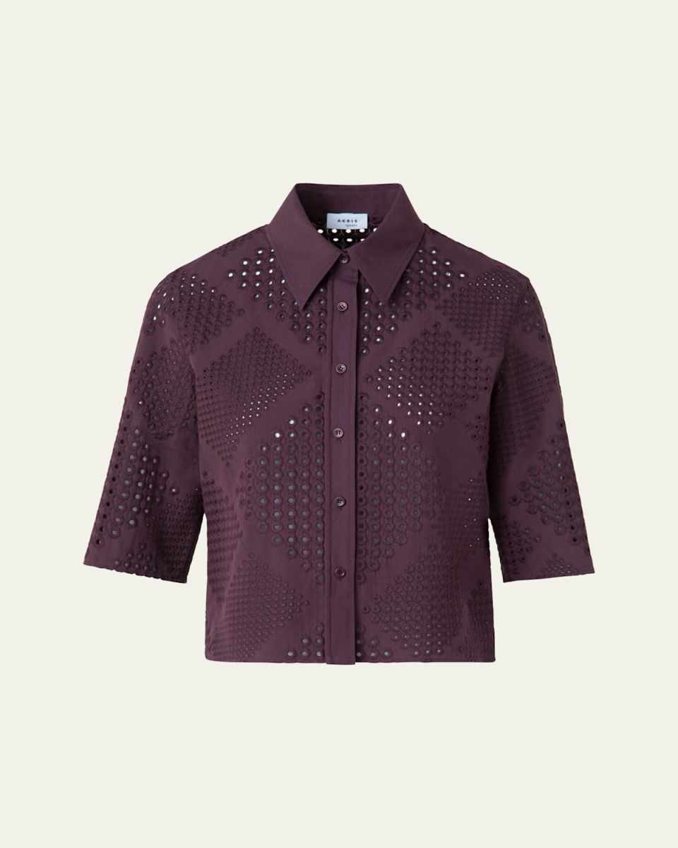 Diamond Eyelet Cropped Cotton Poplin Blouse